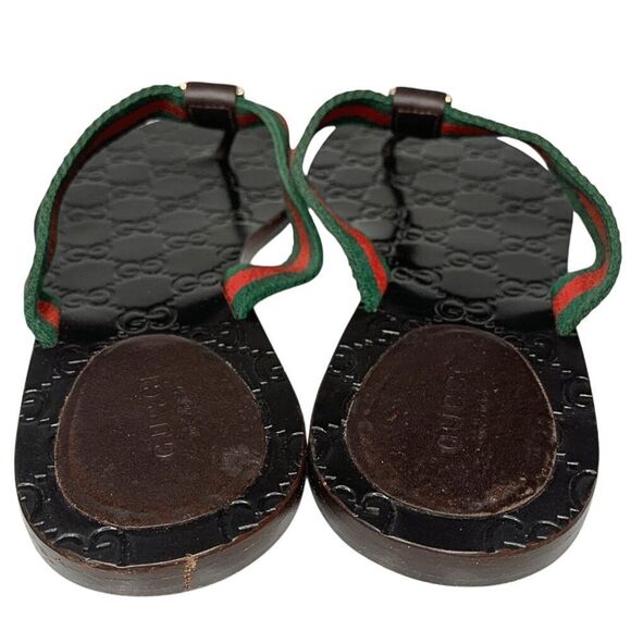 Gucci GG Web Stripe Thong Sandals EU 38.5 US 8.5 Brown Flip Flop Slide Flat Heel - Picture 7 of 13